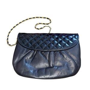 Lisette Black Leather Vintage Hand bag purse gold tone tassel crossbody